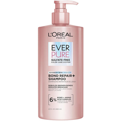 L'Oreal Paris Sulfate Free Bond Repair+ Shampoo, Hair Shampoo with Amino Acid Complex, Strengthens and Repairs Damaged or Color Treated Hair, EverPure, 23 Fl Oz (Packaging May Vary)