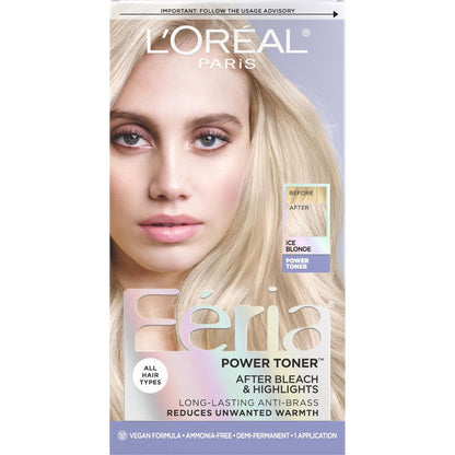 L’Oreal Paris Feria Long-Lasting Anti Brass Power Hair Toner, Ammonia Free Demi Permanent Hair Color, Ice Blonde Hair Toner, 1 Application