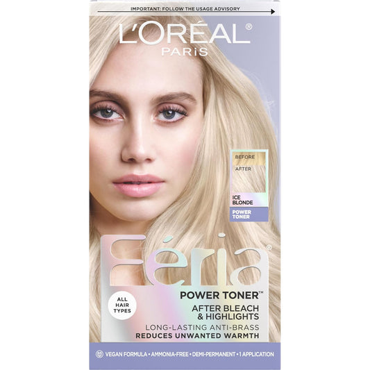 L’Oreal Paris Feria Long-Lasting Anti Brass Power Hair Toner, Ammonia Free Demi Permanent Hair Color, Ice Blonde Hair Toner, 1 Application