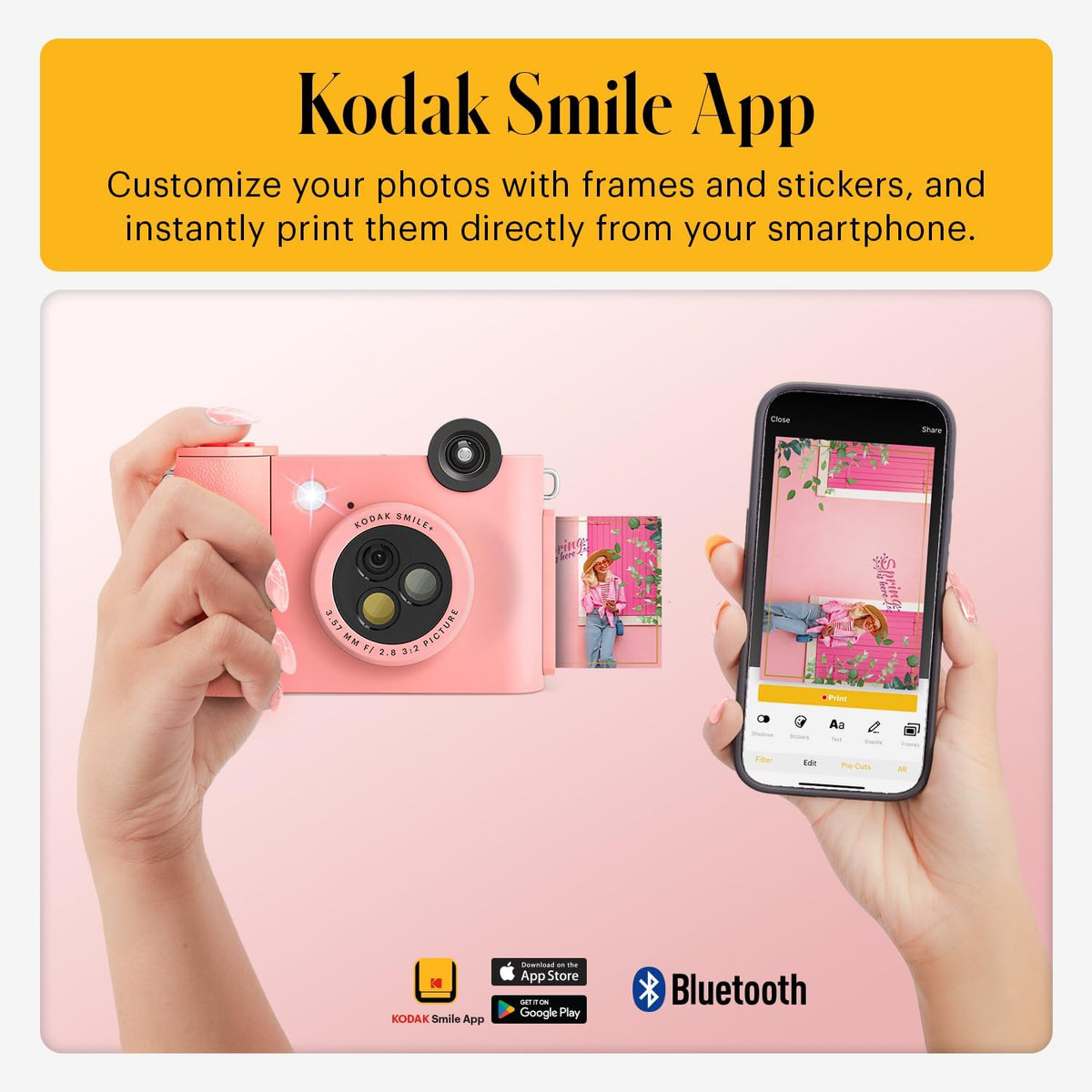 Kodak Smile+ 2-in-1 Digital Instant Print Camera & Wireless Bluetooth Printer - 10MP, Special-Effect Rotating Lens, Zink 2x3 Sticky-Back Photos Print via Fun App from Smart Devices - Pink