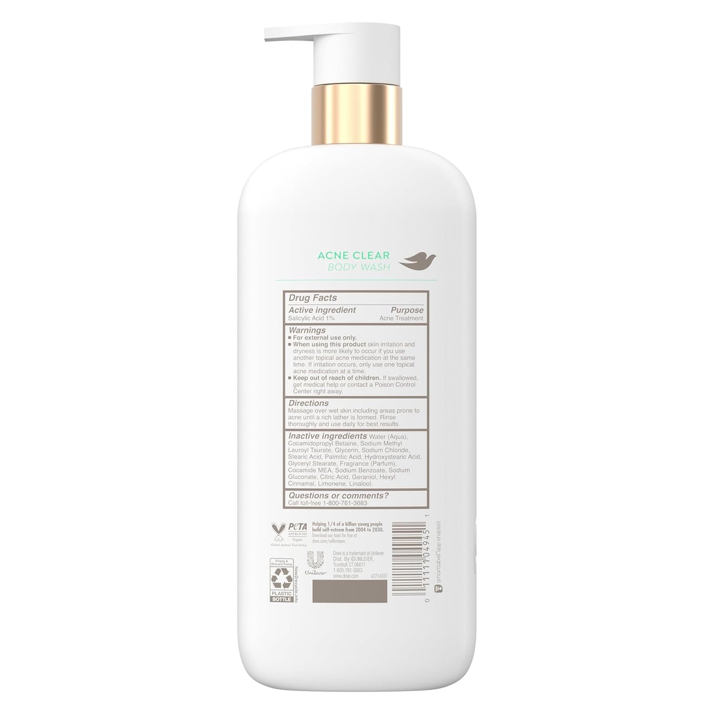 Dove Body Wash Acne Clear Clears & helps prevent acne 1% clearing salicylic acid-acne treatment 18.5 Fl oz (Pack of 4)