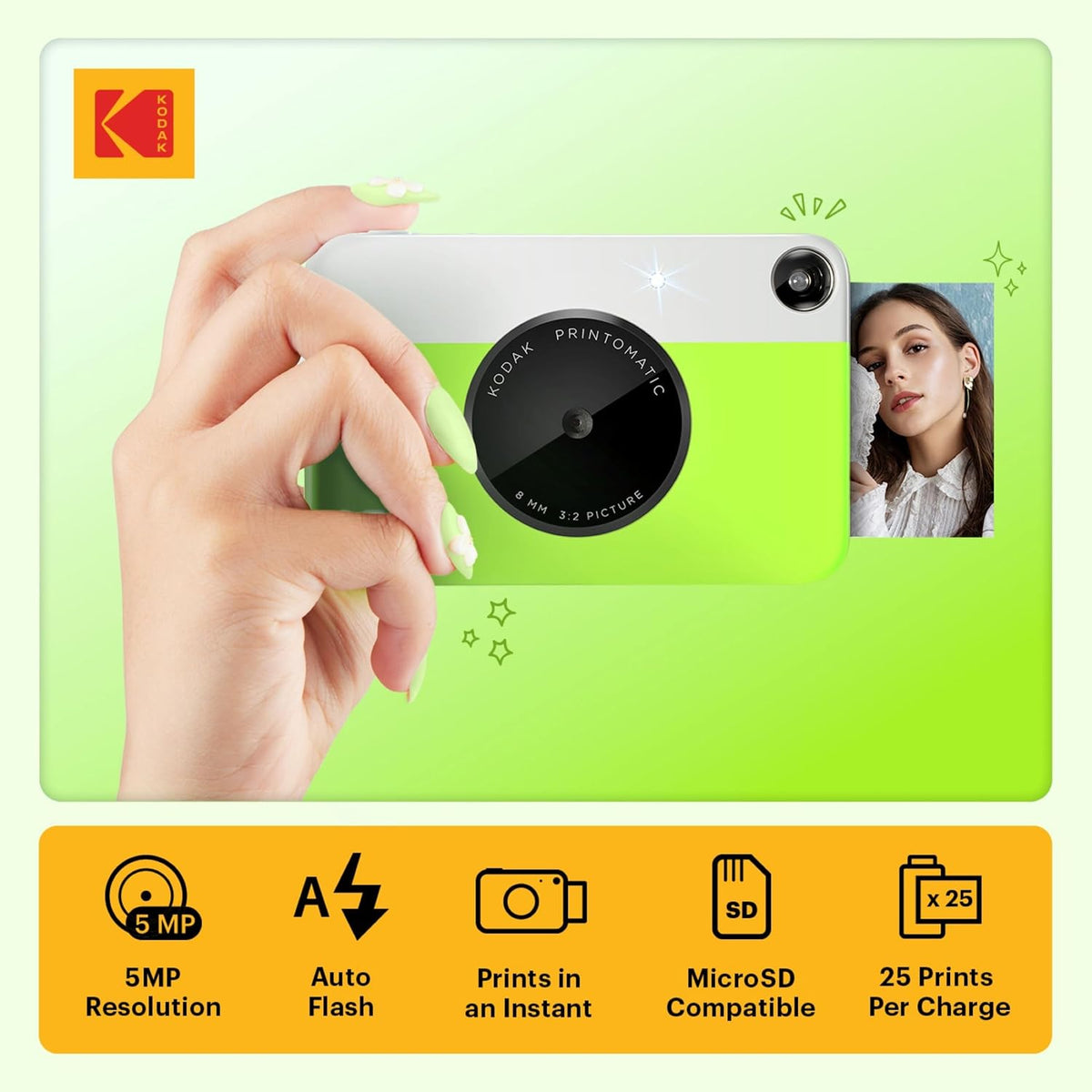 KODAK Printomatic Full-Color Instant Print Digital Camera, Zink 2x3" (5.1x7.5 cm) Sticky-Back Photo Paper, 5MP, Portable, Creative Fun Gift for Birthday, Christmas, Holiday, Green