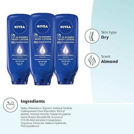 NIVEA Nourishing In Shower Lotion, Water Activated In Shower Moisturizer for Dry to Very Dry Skin, 13.5 FL OZ (Pack of 6)