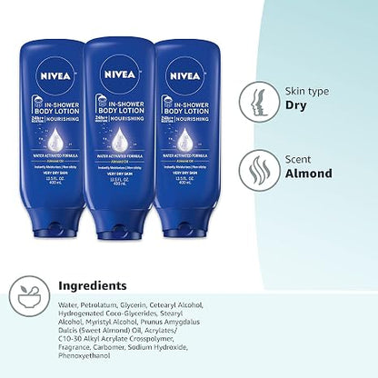 NIVEA Nourishing In Shower Lotion, Water Activated In Shower Moisturizer for Dry to Very Dry Skin, 13.5 FL OZ (Pack of 6)