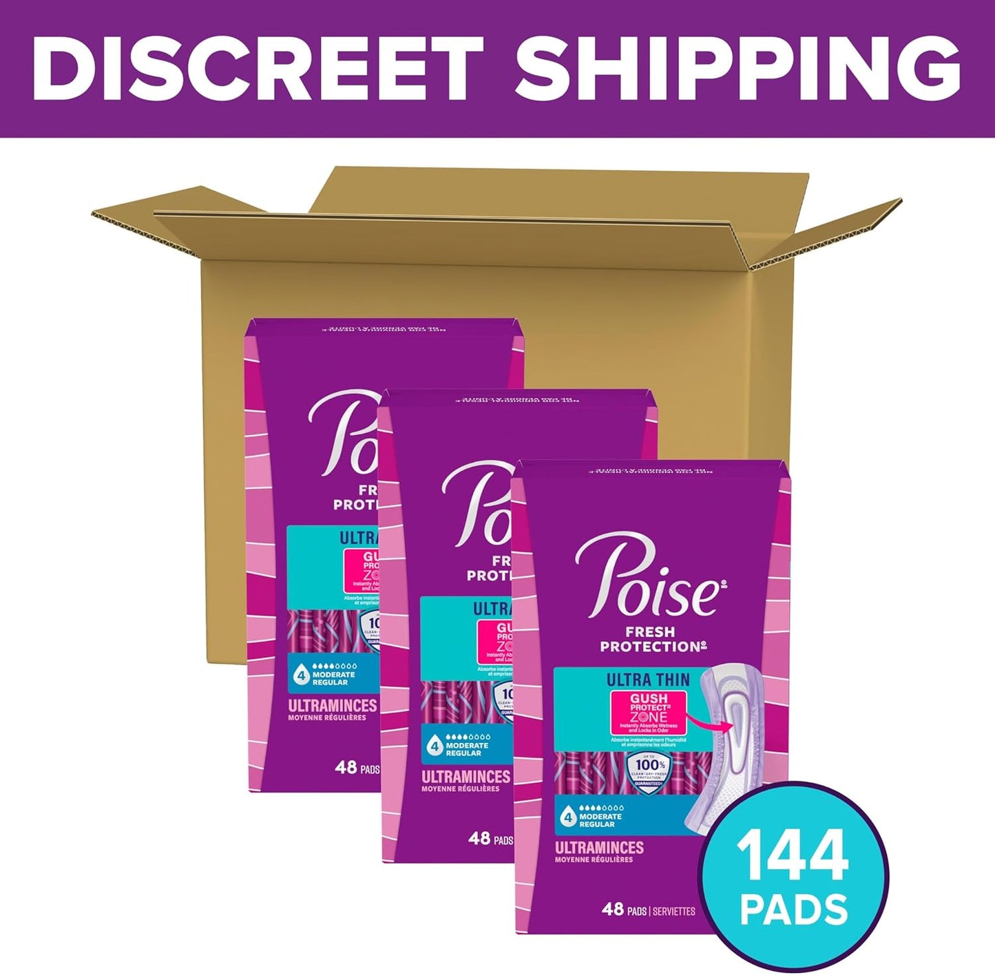 Poise Ultra Thin Incontinence & Postpartum Pads for Bladder Leaks, 4 Drop Moderate Absorbency, Regular Length, 144 Count (Packaging May Vary)