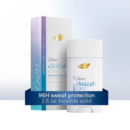 Dove Clinical + Care Antiperspirant Deodorant Stick for Women, 96H Clinical Strength Sweat & Odor Protection, With Nourishing Serum, Original Clean with Fresh Scent, 2.6 oz
