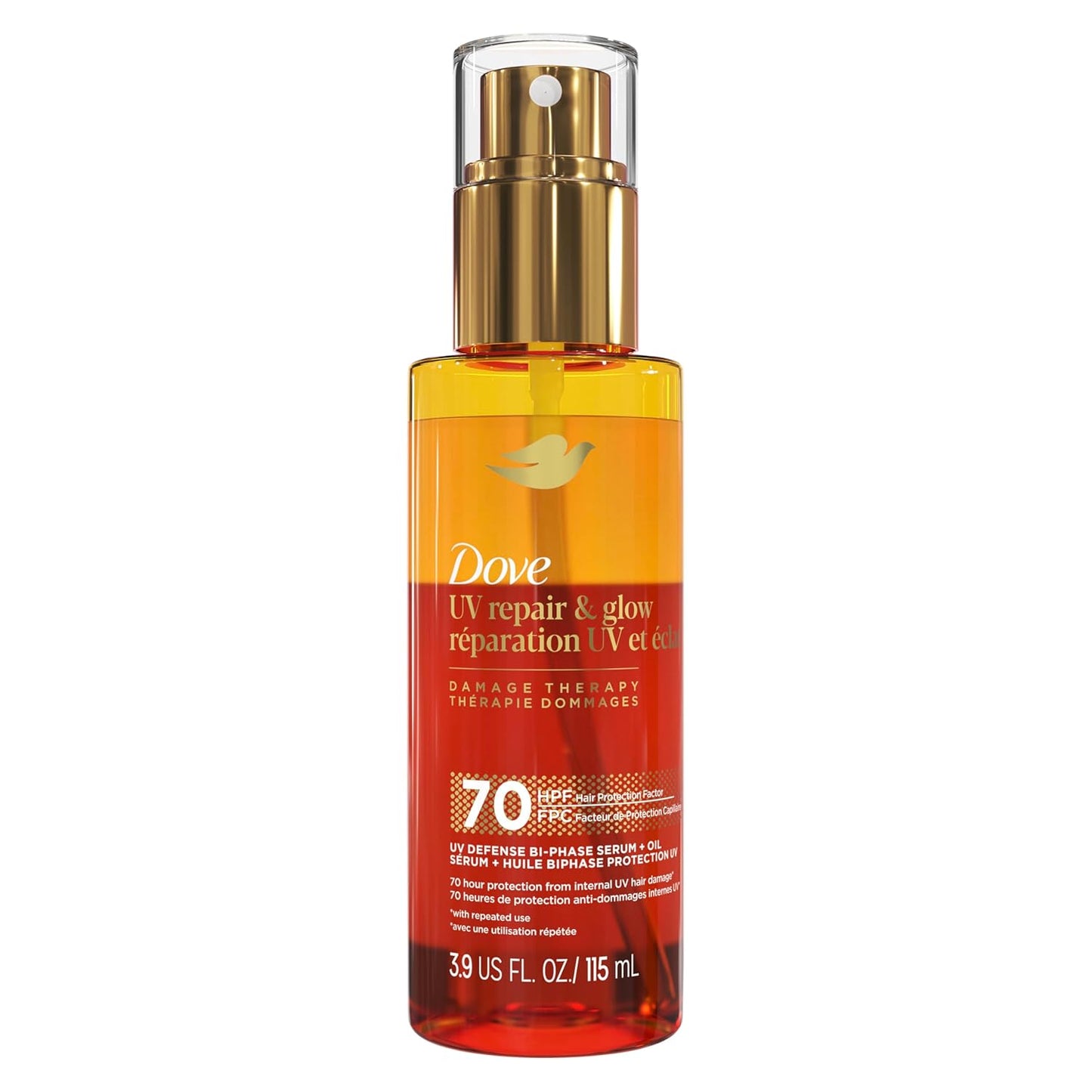 Dove Damage Therapy Defense Bi-Phase Serum + Oil 1 ct UV Repair & Glow for 70 Hour Hair Protection, with Ferulic Serum, 3.9 fl oz
