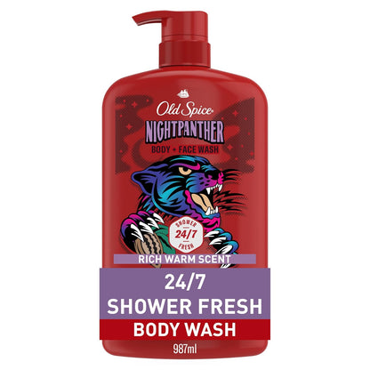 Old Spice Cleansing Body Wash for Men, 3X Defense, 24/7 Shower Fresh with Lasting Scent, 2 in 1 Body and Face Wash, Daily Men’s Wash and Shower Gel, NightPanther Rich Warm Masculine Scent, 33.4 oz