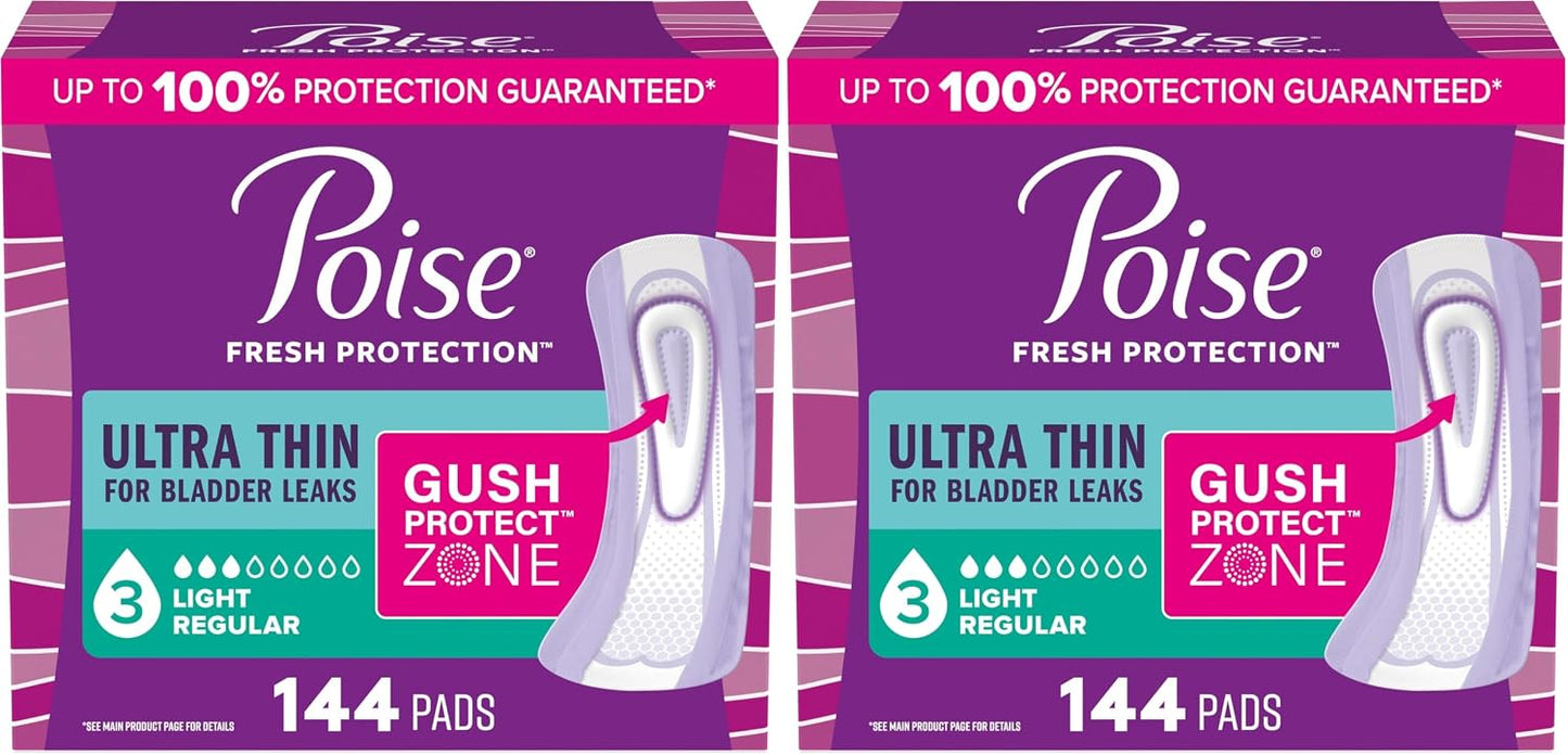 Poise Ultra Thin Incontinence Pads & Postpartum Pads for Bladder Leaks, 3 Drop Light Absorbency, Regular Length, Packaging May Vary,144 Count (Pack of 2)