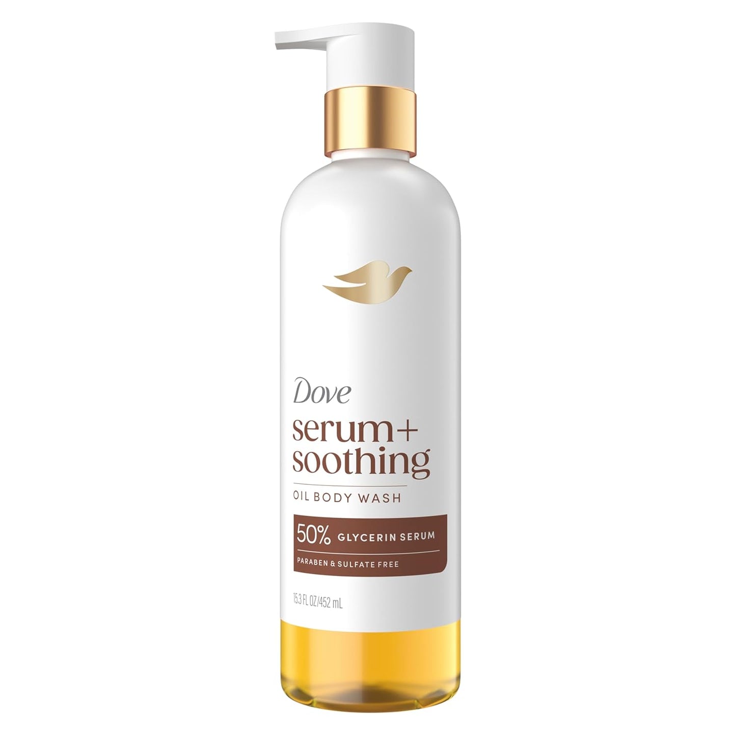 Dove Serum+ Shower Oil Body Wash with Glycerin Serum, Almond Oil & Sandalwood, Soothing Hydrating Cleanser, 15.3 fl oz