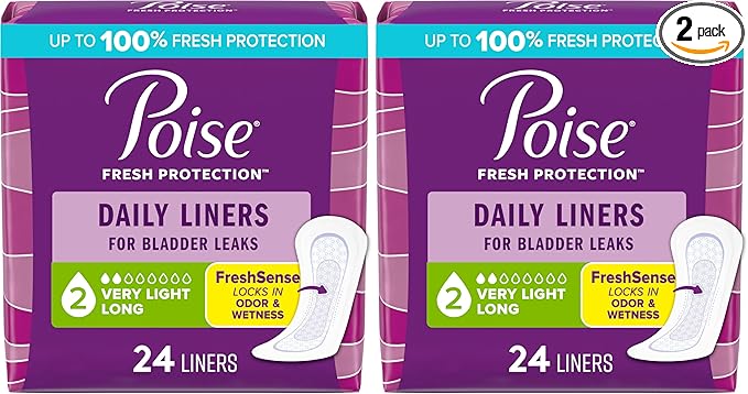 Poise Daily Liners, Incontinence Panty Liners for Bladder Leaks, 2 Drop Very Light Absorbency, Long Length, 24 Count of Pantiliners, Packaging May Vary, (Pack of 2)