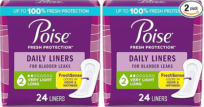 Poise Daily Liners, Incontinence Panty Liners for Bladder Leaks, 2 Drop Very Light Absorbency, Long Length, 24 Count of Pantiliners, Packaging May Vary, (Pack of 2)