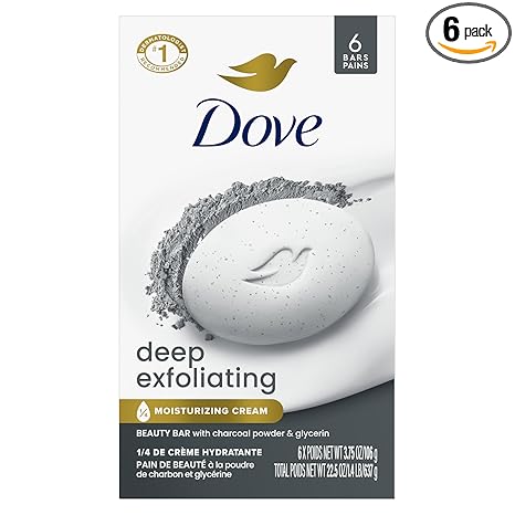 Dove Deep Exfoliating Beauty Bar Soap 6 Count, Charcoal Powder, 3.75 oz I Exfoliating beauty bar with charcoal powder and glycerin for softer, smoother skin