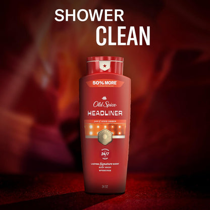 Old Spice Body Wash for Men, 24/7 Shower Fresh & Clean with Daily Use, Lasting Signature Scent, Refreshing Lather, Moisturizing Formula, Headliner with Black Currant, Leather, & Amber Scent, 24 oz