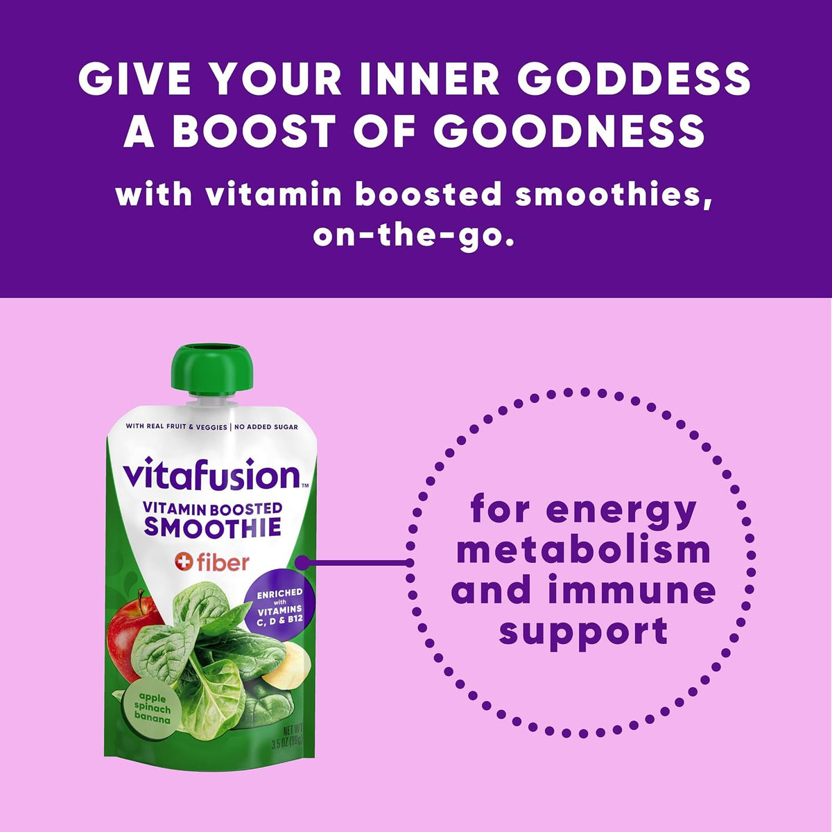 vitafusion Vitamin-Boosted Smoothie +Fiber with Energy Metabolism and Immunue Support, Apple Spinach Banana Flavor Excellent Source of Vitamins C, D, and B12, 3.5oz, 6 Count