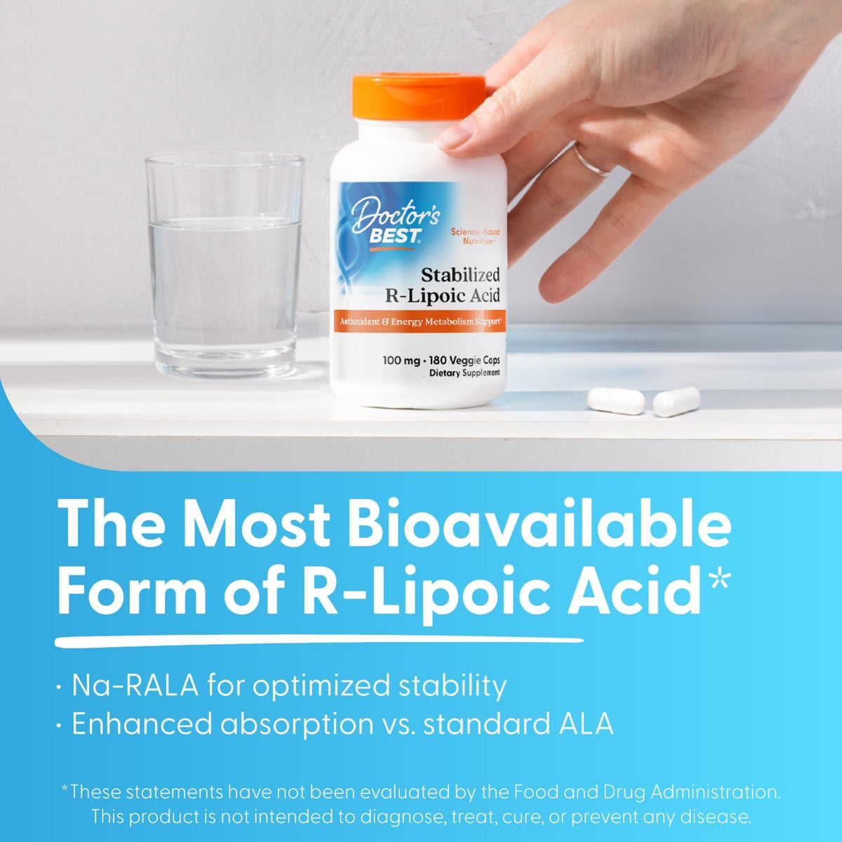 Doctor's BEST Stabilized R-Lipoic Acid Supplement 100 mg, 180 Veg Caps