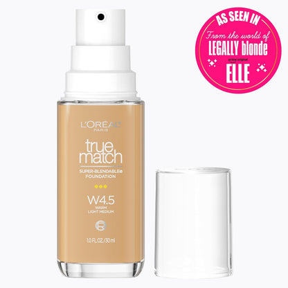 L'Oreal Paris True Match Super-Blendable Foundation, Medium Coverage Liquid Foundation Makeup, W4.5, Light Medium, 1 Fl Oz