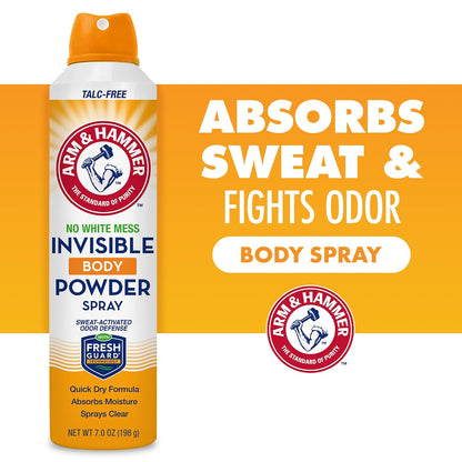 Arm & Hammer Invisible Body Powder Spray, Clear Talc-Free Body Odor & Sweat Control for Men & Women, Spray Body Powder for Women and Men, Arm and Hammer Body Spray Powder, 7 Oz (1 Pack)