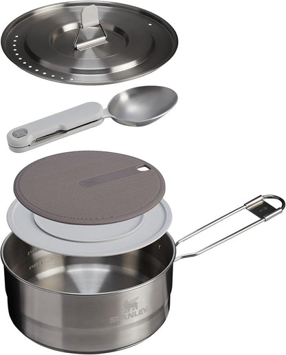 Stanley Wildfare Pro 5-Piece Stainless Steel Saucepan Cook Set | 2 qt Saucepan with Fold & Lock Handle | Cutting Board and Spoon | Camping Essentials for Your Camp Kitchen | BPA-Free