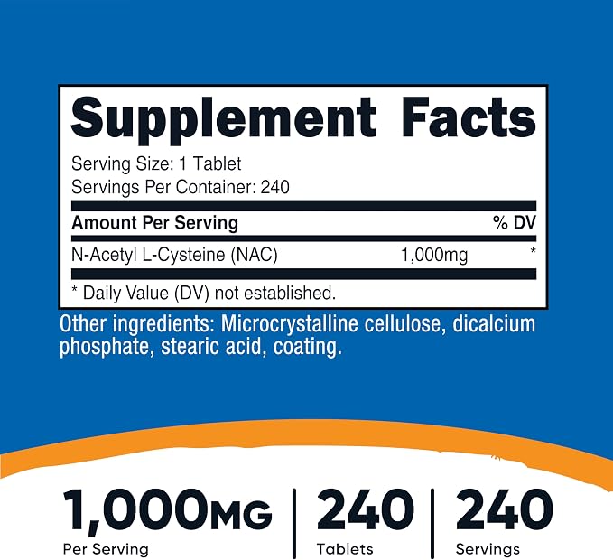 Nutricost N-Acetyl L-Cysteine (NAC) 1000mg, 240 Vegan Tablets, Gluten-Free