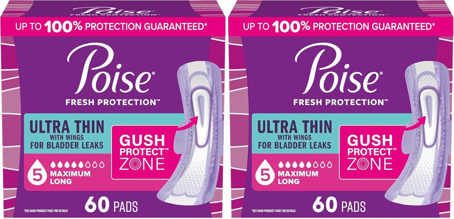 Poise Ultra Thin Incontinence & Postpartum Pads with Wings for Bladder Leaks, 5 Drop Maximum Absorbency, Long Length, Packaging May Vary, 60 Count (Pack of 2)