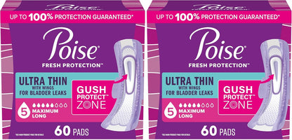 Poise Ultra Thin Incontinence & Postpartum Pads with Wings for Bladder Leaks, 5 Drop Maximum Absorbency, Long Length, Packaging May Vary, 60 Count (Pack of 2)