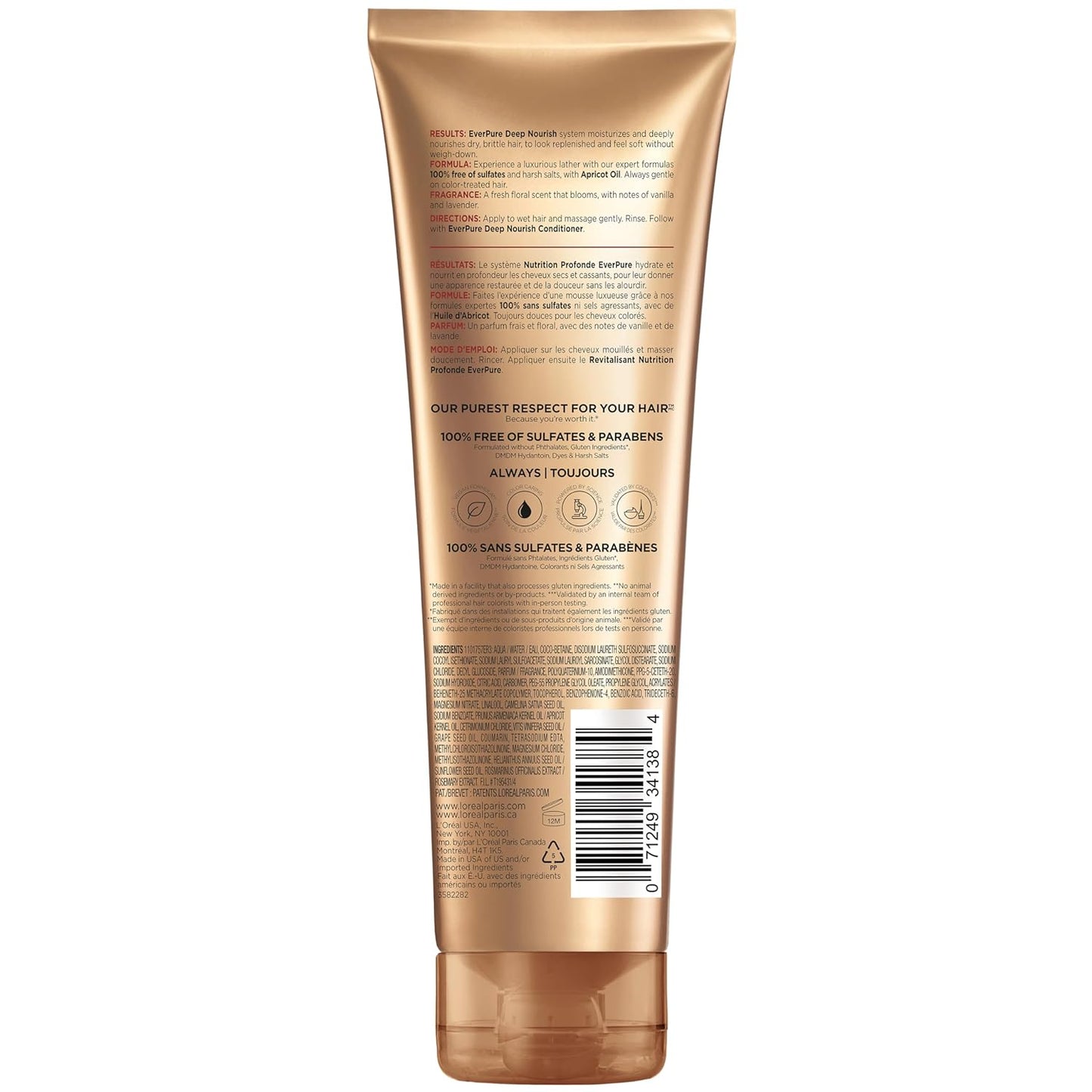 L'Oreal Paris Shampoo,Sulfate Free,Triple Action Hydration for Dry Hair,EverPure,8.5 Fl Oz (Packaging May Vary),Damaged,Color-Treated Hair,Apricot Oil Infused,Deep Nourish,(Pack of 36)