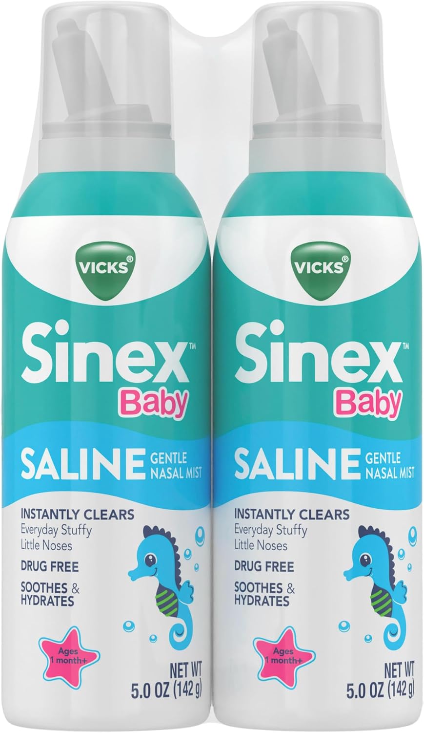 VICKS Sinex Baby Saline Nasal Spray, Drug Free Gentle Nasal Mist, Instantly Clears Everyday Stuffy Little Noses, Soothes & Hydrates, Safe For Daily Use, Gentle For All Ages, 5 OZ x 2
