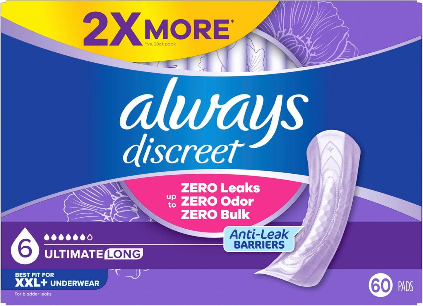 Always Discreet Adult Incontinence Pads for Women, Drier, 6 Drop Long Length, Extra Heavy Absorbency, Pads for Bladder Control Management, Bladder Leaks, & Postpartum Pads, 60ct