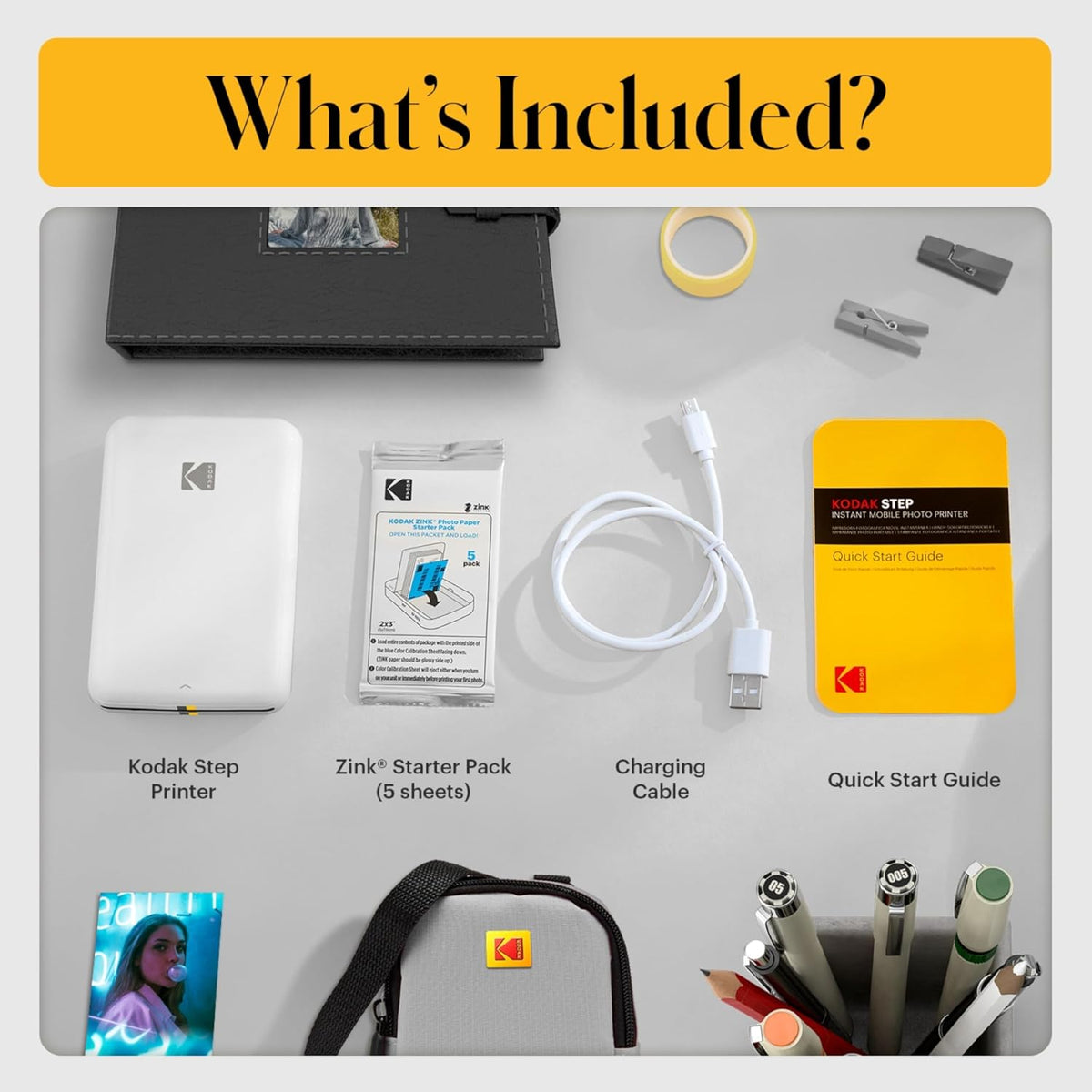 Kodak Step Instant Smartphone Photo Printer - 75 Sheets Bundle - Portable Mini Color Wireless Mobile Printer - Zink 2x3” Sticky-Back Photos - Bluetooth Compatible with Smart Devices - Fun App -White