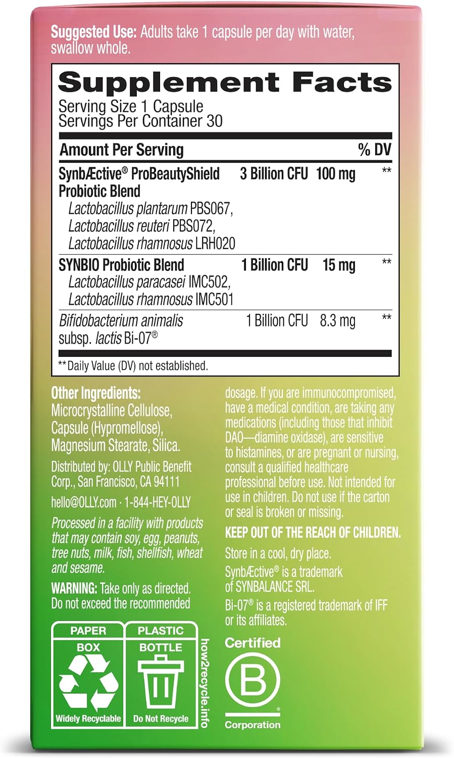OLLY Precise Probiotics Skin Support Supplement, Supports Your Microbiome, Digestive & Immune Systems and Hydrated Healthy Skin,* Clinically Studied Strains, 30 Count
