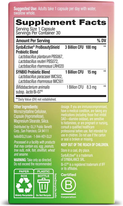OLLY Precise Probiotics Skin Support Supplement, Supports Your Microbiome, Digestive & Immune Systems and Hydrated Healthy Skin,* Clinically Studied Strains, 30 Count