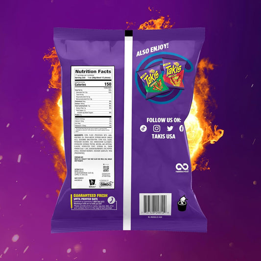 Bundle of Takis Fuego + Blue Heat (17 oz) Fiesta Size Bag, Hot Chili Pepper Flavored Extreme Spicy Rolled Tortilla Chips