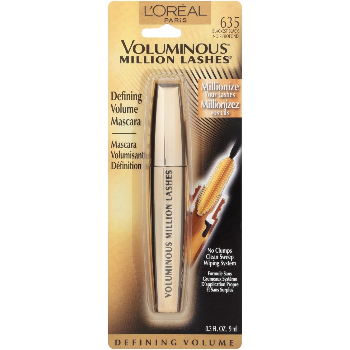 L’Oreal Paris Makeup Voluminous Million Lashes Mascara, Volumizing Collagen Infused Eye Makeup, Amplifying Mascara Brush, Washable, Blackest Black, 0.3 Fl Oz., 1 Count