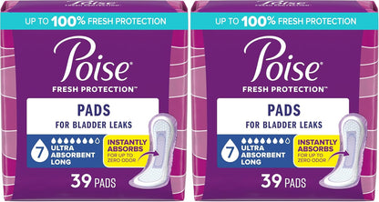 Poise Incontinence & Postpartum Pads for Bladder Leaks, 7 Drop Ultra Absorbency, Long Length, 39 Count, Packaging May Vary (Pack of 2)