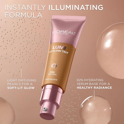 L'Oreal Paris Lumi Le Glow Skin Tint, Lightweight Water-Based Tinted Serum with Foundation-Like Coverage, Glow Illuminator, Warm 110, 0.85 Fl Oz