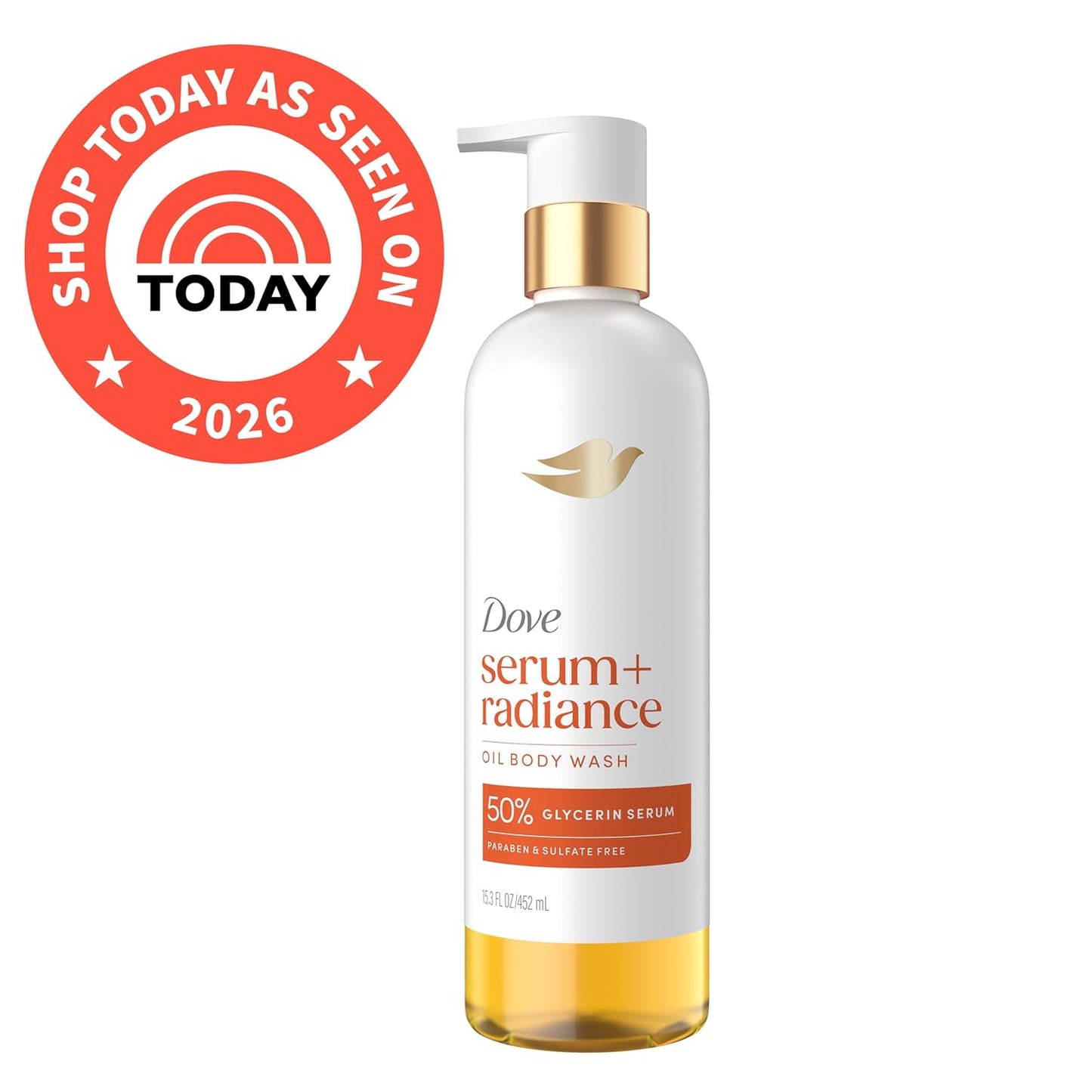 Dove Serum+ Shower Oil Body Wash Radiance, Jojoba & Monoi Flower, 15.3 fl oz I Hydrating shower oil body wash with glycerin serum for soft, radiant skin without greasy residue.