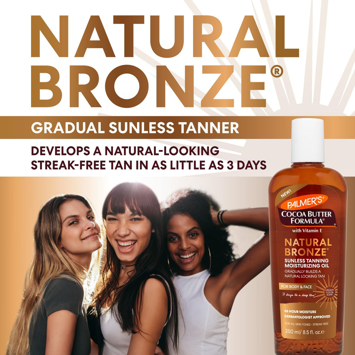 Palmer’s Cocoa Butter Formula, Natural Bronze Sunless Tanning Moisturizing Body Oil (8.5 fl oz), Face & Body Gradual Tanner, Buildable, Natural-Looking Tan in 3 Days, No Streak, 48-Hour Moisture