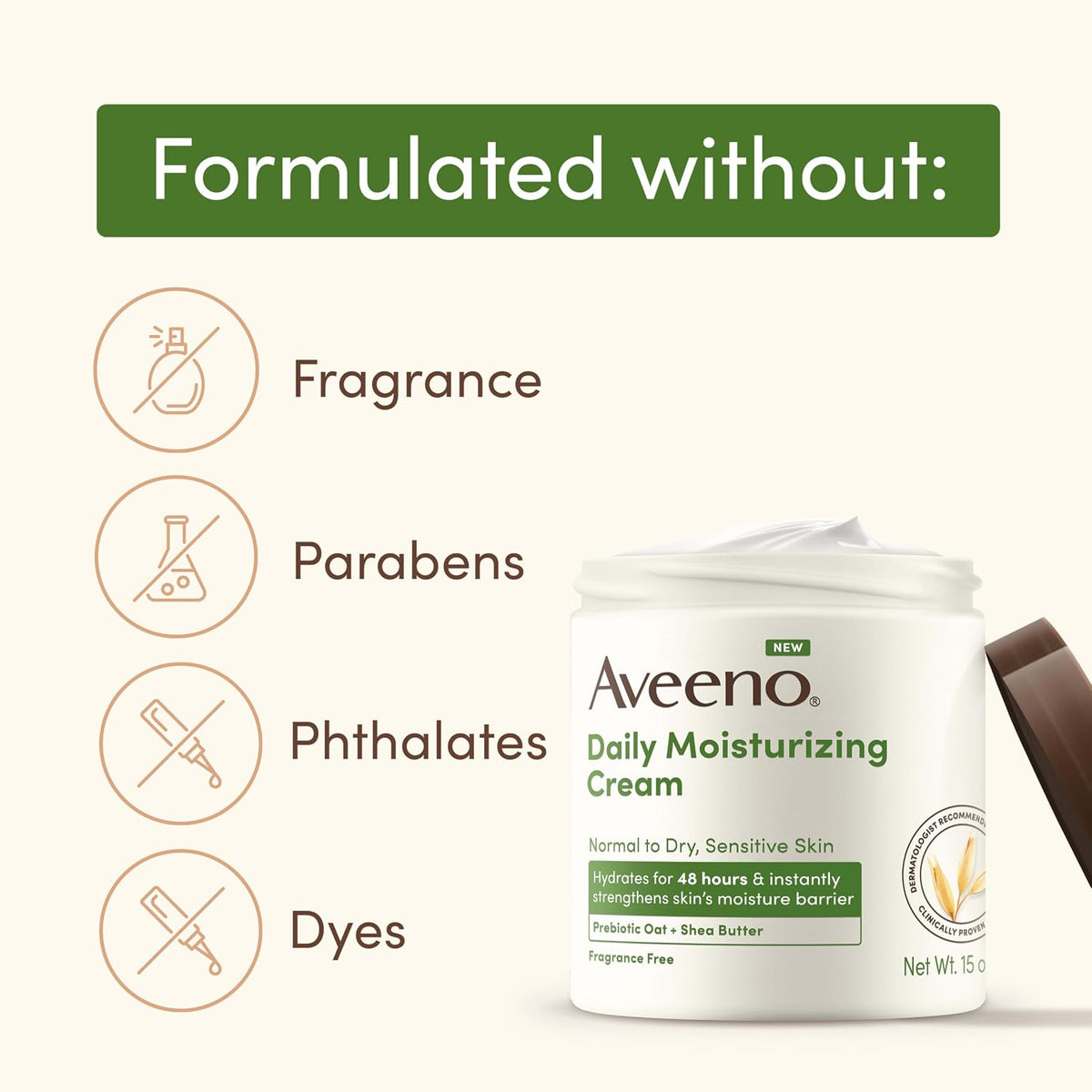 Aveeno Daily Moisturizing Cream with Prebiotic Oat & Shea Butter for Body,Face & Hands Moisturizer Cream,Hydrates Normal to Dry,Sensitive Skin,Fragrance Free,Non-Comedogenic,20 oz,(Pack of 2)
