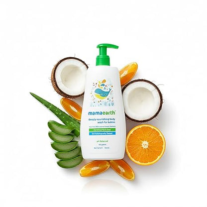 Mamaearth Deeply Nourishing Baby Body Wash | Tear Free Formula with Natural Cleansers | Hydrating Coconut & Jojoba Oil | Moisturizes Delicate Skin of Babies | 13.53 Fl Oz (400ml) | Baby body wash formulated with coconut and jojoba oil.