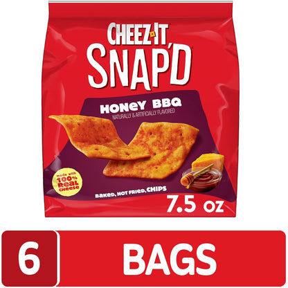 Cheez-It Snap'd Cheesy Baked Chips, Thin Crisps, Lunch Snacks, Honey BBQ (6 Bags)
