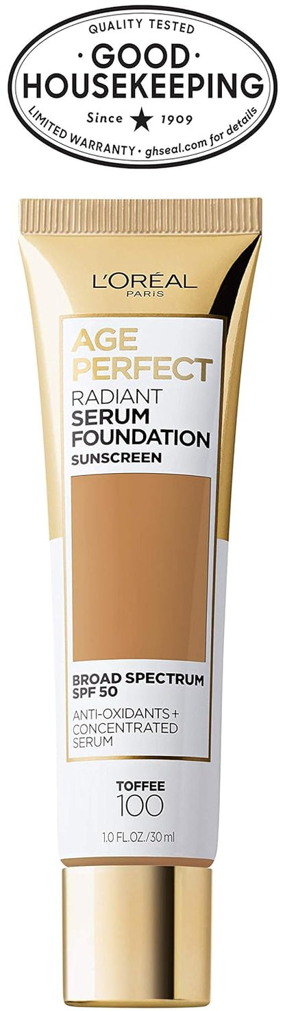 L'Oreal Paris Age Perfect Radiant Serum Foundation with SPF 50, Toffee, 1 Ounce