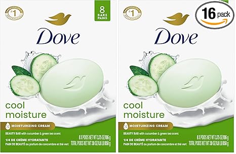 Dove Beauty Bar Soap Cool Moisture Cucumber & Green Tea Scent,for Refreshed Skin,Leaves Skin Refreshed 3.75 oz,(Pack of 16)