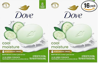 Dove Beauty Bar Soap Cool Moisture Cucumber & Green Tea Scent,for Refreshed Skin,Leaves Skin Refreshed 3.75 oz,(Pack of 16)