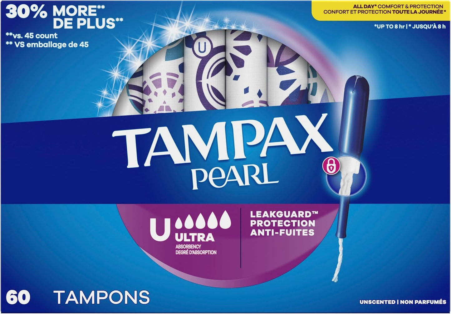 Tampax Pearl Tampons for Women, with LeakGuard Braid, Ultra Absorbency, Unscented, 60 Count