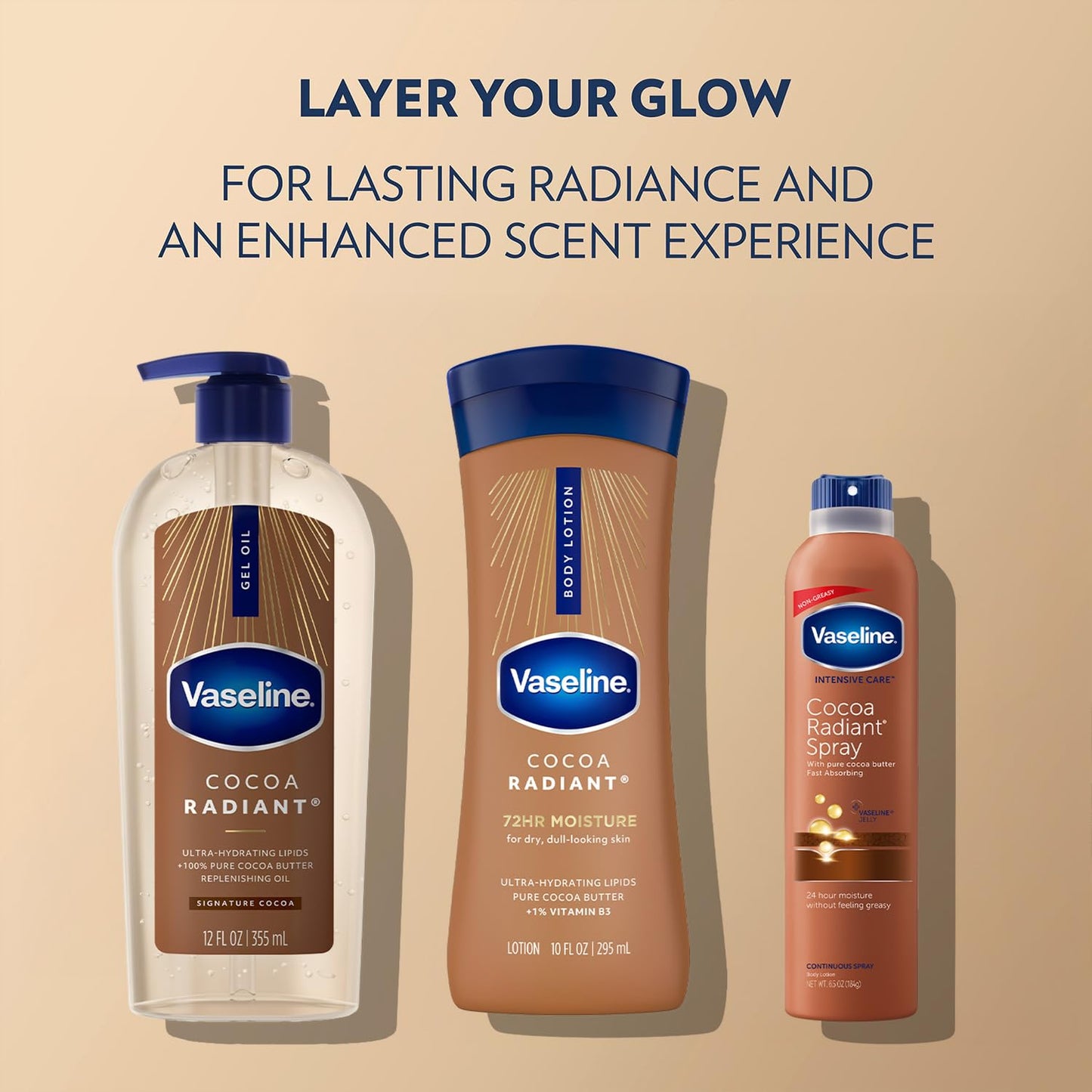 Vaseline Cocoa Radiant Moisturizer Bundle – Intensive Care Hand and Body Lotion, Spray Lotion, and Gel Oil with Pure Cocoa Butter for Extremely Dry Skin