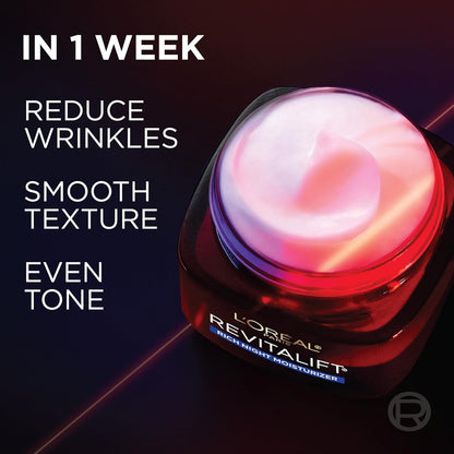 L'Oreal Paris Revitalift Triple Power Rich Night Cream, Anti Aging Moisturizer With Glycolic Acid, Vitamin C & Hyaluronic Acid, Visibly Smooths Texture, Reduces Fine Lines & Evens Skin Tone, 2.55 oz