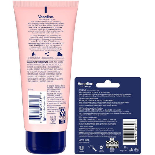 Vaseline Lotion & Lip Therapy Bundle – Healthy Hands Stronger Nails with Keratin Intensive Care Hand Lotion + Original Lip Balm Tube