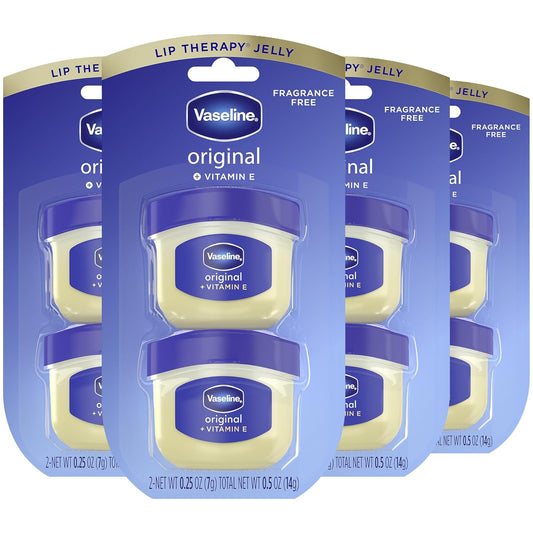 Vaseline Lip Therapy 4 Twin Packs (8 Jars Total) – Mini Lip Balm for Healing Dry Lips, Travel-Size Petroleum Jelly Lip Care, 0.25 Oz Each