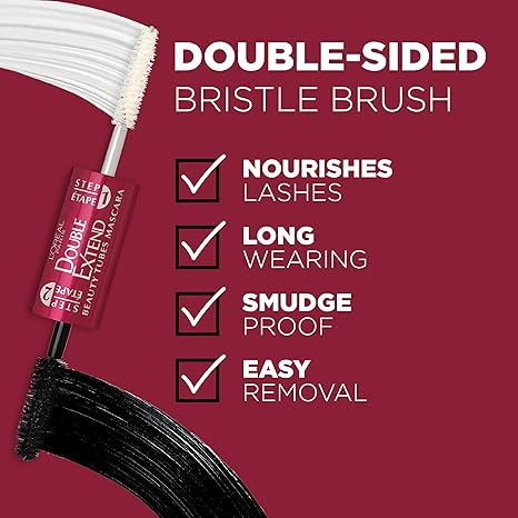 L'Oreal Paris Makeup Double Extend Tubing Mascara, Lengthening 2 Step Mascara, Smudgeproof, Black, Pack of 2
